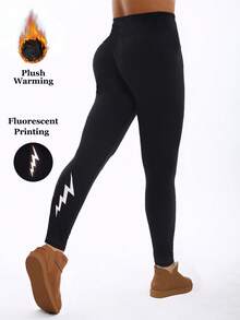 1 Pack Women's Thermal Lined Black Leggings With Reflective Lightning Print, Glow-In-The-Dark Design, Soft & Comfortable For Yoga, Workout, Outdoor Activities, Casual Wear, Stretchy & Slimming - Black - View 8