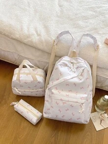 3pcs Fashionable Collegiate Bow Print Backpack Set, Includes Backpack, Lunch Bag And Pencil Case, With Laptop Compartment, Adjustable Shoulder Straps, Multi-Pocket Large Capacity, Multi-Functional Daily Backpack Set, Suitable For Girls/Teens/College Students/Graduates For Daily Use/Vacation/Travel/Back To School - White - View 11