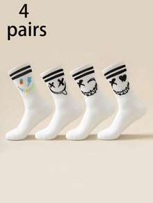 4 أزواج جوارب متوسطة الطول عشوائية للنساء بتصميمات عناصر تعبيرية مضحكة وعادية