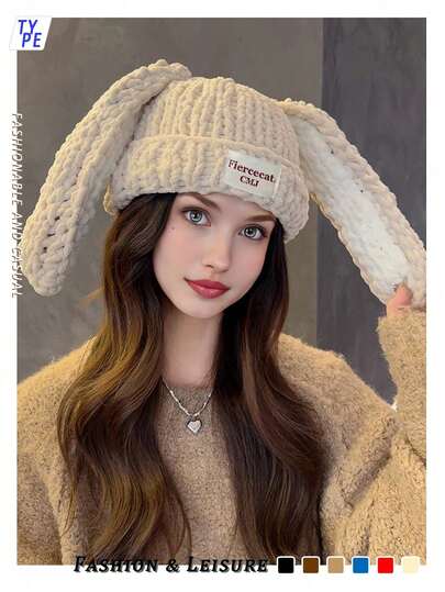 1 pezzo Cappello lavorato a maglia spesso con orecchie da coniglio carino per donna, cappello con paraorecchie fatto a mano, leggero e pratico per passeggiate all'aperto, shopping, vacanze e uso quotidiano, autunno/inverno