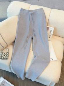 Pantalones de punto casuales de unicolor con cordón en la cintura, versátiles para otoño/invierno
