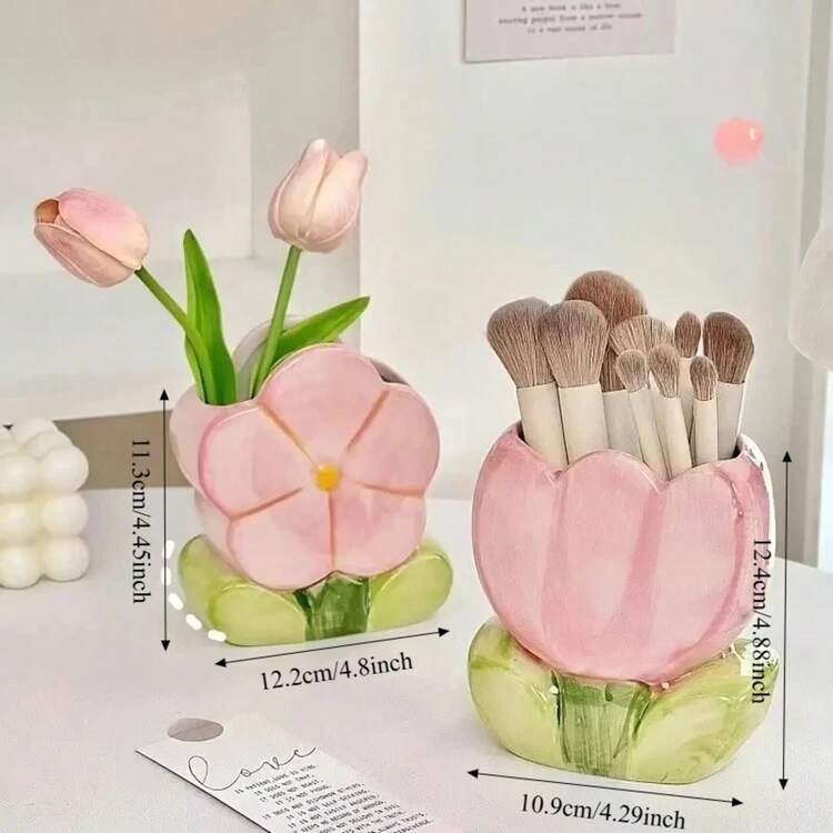 Flower Pen Holder Ceramic Desktop Decoration Cute Girl Desk Office Storage Box Stationery Shelf Storage Tank - 鬱金香粉紅色 - 查看 6