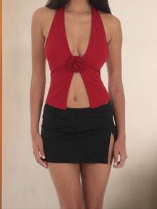 Women Halter Tank Tops Dot/Solid Color Sleeveless Open Back Slit Hem Summer Going Out Vest Shirts - Red - View 3