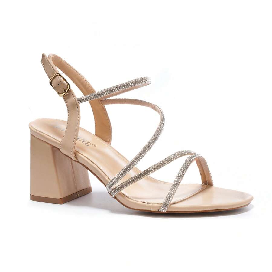 RevReaL Block Heel Sandals with Rhinestone Straps純色Elegant優雅度假時尚基礎款Casual休閒Outdoor戶外Cute可愛中式婚禮風西式婚禮風性感可愛仙女婚禮搭扣沙灘 - 米色 - 查看 1