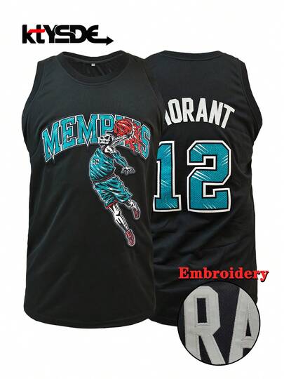 KTYSDE Men's #12 Black Vintage Basketball Jersey, Memphis Letter Embroidery Loose Sleeveless Crew Neck Tank Top, Suitable For Basketball, Sports, Running, Streetwear, Unisex