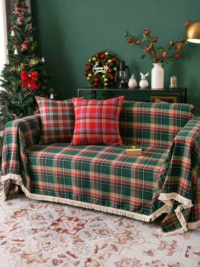 1pc Christmas Plaid Sofa Cover With Tassels, Green Vintage Style Sofa Throw Blanket, Thick Fabric Protects Against Pet Scratches, Suitable For Christmas Atmosphere, Family Gatherings, Living Room, Bedroom, Office, All Seasons