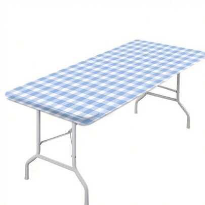 1pc Blue And White Checkered Folding Dining Table Polyester Picnic Tablecloth - Suitable For Yards, Camping And Outdoor Activities, With Elastic Bands At The Edges, Portable Dining Table For Outdoor Camping, Multi-Functional Table For Family Dinners.