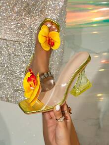 Sandalias de tacón alto rosa de punta cuadrada para mujer, zuecos de tacón grueso con cristales, elegante para uso en fiestas, nuevo lanzamiento de verano