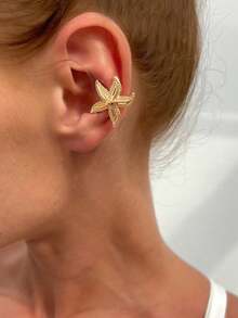 1 件复古简约时尚海洋元素金属金色海星、贝壳、太阳、月亮、花朵装饰夹式耳环，仿穿孔珠宝配饰，适合女士 - 金黃色 - 查看 3