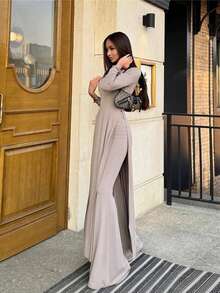 Nowy stylowy, jednolity kolor, elegancki zestaw z długim rękawem i spodniami dzwonami