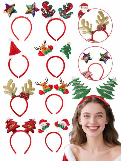 3件套圣诞头箍，圣诞老人驯鹿角圣诞树头饰帽，圣诞节、生日、拍照道具、节日装扮配饰、圣诞装饰、家居圣诞礼物、圣诞装饰品