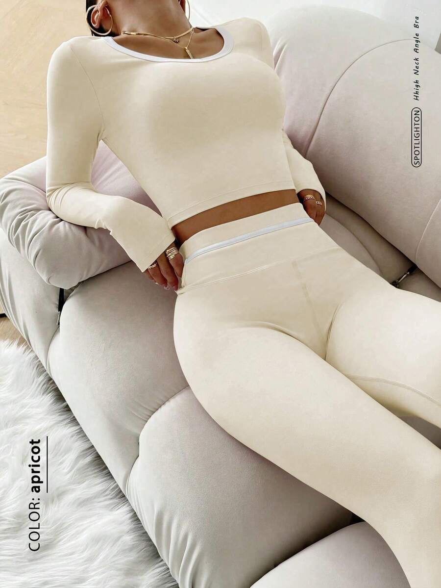 FWH 休闲优雅可爱健身户外跑步瑜伽普拉提高腰多功能紧身打底裤，简约舒适弹力高品质提臀蜜桃臀塑形运动服两件套