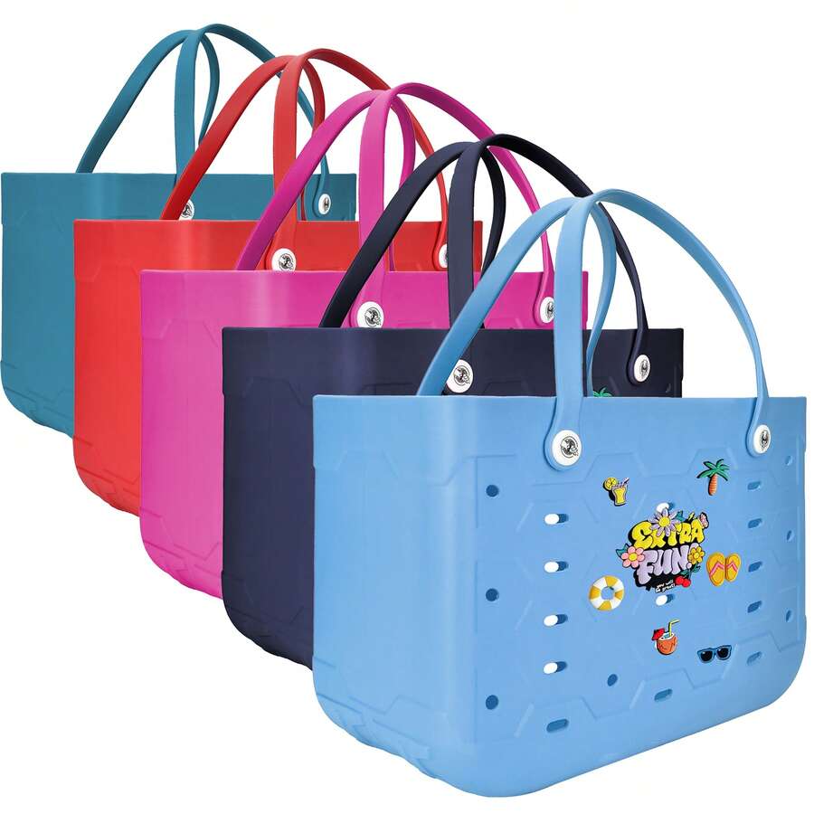 1pc Large Women's Beach Bag, Large Capacity Geometric Pattern Open Design Beach Bag, Waterproof And Sandproof Multifunctional EVA Handbag, EVA Tote Bag, Rubber Vegetable Basket Bag, Suitable For Beach, Swimming Pool, Vacation, Travel, Camping - Fashionable And Casual Shopping Bag - 彩色 - 查看 1