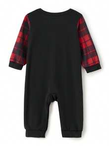 Family Matching Christmas Pajamas, Letter  Snowflake Print Long-Sleeved Tops + Plaid Trousers Sleepwear Outfits