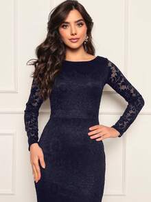 Long Party Dress Long Sleeve Lace Bridesmaid Wedding Graduation - Màu xanh hải quân - Xem 4
