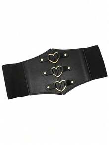 1 pieza Cinturón de mujer de PU de moda oscura con decoración de anillo con forma de corazón, versátil para Halloween, atuendo renacentista - Negro - Ver 2