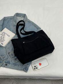 Túi tote đeo vai bằng vải nhung kẻ màu trơn, dung tích lớn, nhiều ngăn, in chữ, quà tặng Ngày của Mẹ, có thể gấp gọn, phù hợp cho trường học, công sở, du lịch, hoàn hảo cho sinh viên tốt nghiệp, thanh thiếu niên, sinh viên năm nhất, năm hai, năm ba, năm cuối đại học, các hoạt động ngoài trời, dễ phối với trang phục mùa thu của nữ. - màu đen - Xem 3