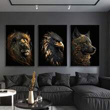 Set de 3 pósteres de lienzo sin marco - Pinturas de arte modernas y abstractas de un león dorado y un águila, perfectas para la decoración de la pared del dormitorio, la sala de estar y el pasillo, decoración de invierno - Multicolor - Ver 1