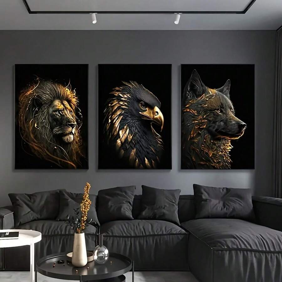 Set de 3 pósteres de lienzo sin marco - Pinturas de arte modernas y abstractas de un león dorado y un águila, perfectas para la decoración de la pared del dormitorio, la sala de estar y el pasillo, decoración de invierno - Multicolor - Ver 1