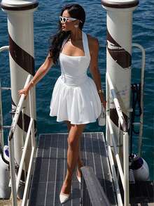 All-White Halterneck Street Sexy Backless Dress Vacation A Hem Slim Frilled Hem Dress