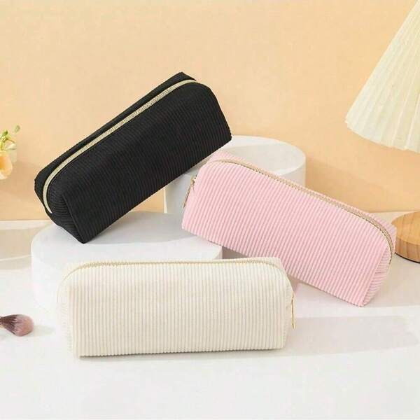 1pc High-Quality Corduroy Pencil Case - Spacious Durable Polyester Supply With Zipper Closure, Mixed Colors (Purple/White) & Golden-Tone Zipper Pulls, Stylish Minimalist Design For Students & Professionals, Professional Organizer, Student Stationery Storage, Textured Fabric,Back To School