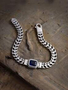 1pc Vintage Punk Style Handmade Heart Chain Blue Zirconia Stone Bracelet, Elegant Men's Accessory Gift