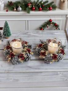 1pc/2pcs Christmas Candlestick Wreath Artificial Pine Cone Red Rose Flower Gold Flower, Winter Artificial Rose Flower Greenery Leaf Plant Candlestick Wreath, Faux Pine Fake Green Leaf Candle Ring Xmas Ornaments, For Christmas Decoration Christmas Decorations Room Decor