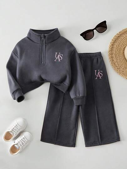 2 件套女婴休闲长袖 T 恤 T 恤 + 阔腿裤套装，时尚翻领拉链字母印花服装，适合户外、运动、休闲、派对、节日礼物，0-1-2-3 岁，6-9 个月