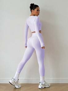 FWH Casual Elegant Cute Fitness Outdoor Running Yoga Pilates High Waist Versatile Tight Leggings, Simple Comfortable Stretchy High Quality Butt Lifting Peach Butt Shaping Sports Set, 2pcs - Mauve Purple - View 4