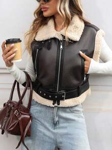 Chaleco sin mangas de mujer de piel sintética con forro térmico de borreguito Sherpa, con cremallera y bolsillos