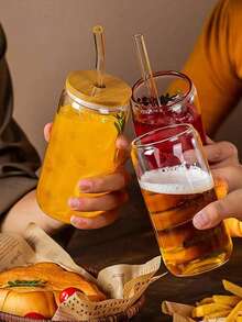 4 piezas Vaso de vidrio con tapa y pajita, bebida, vaso para café helado, tapa de bambú linda, pajita reutilizable y cepillo de limpieza de pajitas, adecuado para restaurante/hotel/uso doméstico