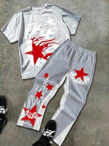 Men's Abstract Star Print Round Neck Short Sleeved Casual T-Shirt And Flame Print Pants 2-Piece Set, Men's Clothing, Versatile For Both Men And Women, T-Shirt And Sweatpants 2-Piece Set - White+Grey(白色+灰色) - 查看 1