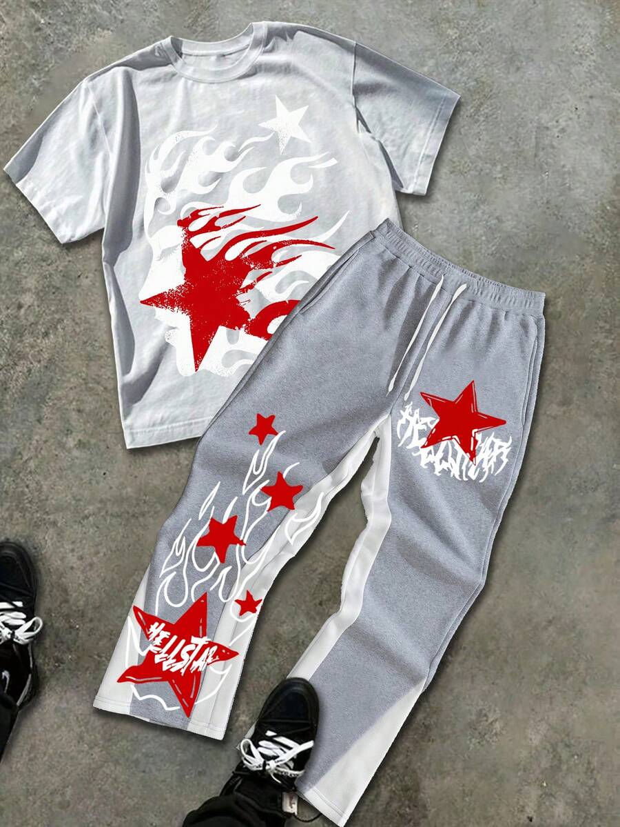 Men's Abstract Star Print Round Neck Short Sleeved Casual T-Shirt And Flame Print Pants 2-Piece Set, Men's Clothing, Versatile For Both Men And Women, T-Shirt And Sweatpants 2-Piece Set - White+Grey(白色+灰色) - 查看 1