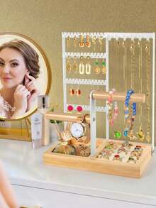 1pc Elegant Jewelry Organizer, 4-Tier Earring Holder With 48 Holes, 6 Hooks Necklace Organizer, Stylish Wood Box For Bracelets & Rings, Perfect Mother's Day Gifts For Women, Preppy Room Dr, Ideal For Valentine's Day, Thanksgiving, Christmas, New Year Celebrations, And Back To School Essentials, Enhance Your Space With Functional And Chic Accessories