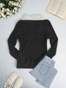 Áo nữ kiểu dáng thường ngày giá cả phải chăng, thiết kế 2 trong 1 chấm bi và sọc, dáng ôm, đa năng, thích hợp mặc hàng ngày hoặc khoác ngoài, màu đen, thích hợp cho mùa xuân. - màu đen - Xem 3