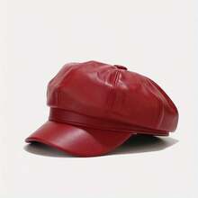 1 Simple Solid Color Imitation Leather Octagonal Hat For Men And Women, Fashionable And Versatile Retro News Hat - Đỏ - Xem 1