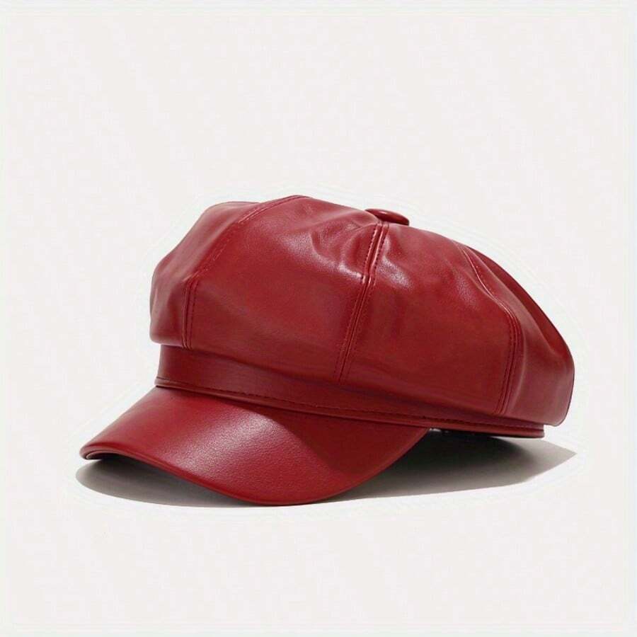 1 Simple Solid Color Imitation Leather Octagonal Hat For Men And Women, Fashionable And Versatile Retro News Hat - Đỏ - Xem 1