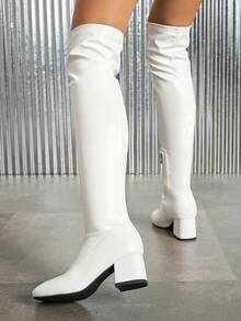 Giày bốt cao đến đầu gối thời trang nữ, giày bốt Knight có khóa kéo bên hông mới cho mùa thu/đông, giày bốt cao gót bằng da, giày bốt cao gót giữa co giãn mũi vuông - trắng - Xem 2