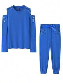 2025 European And American Women's Sexy Stud Embellished Solid Color Off-Shoulder Long Sleeve Sportswear Set - Blue - View 3