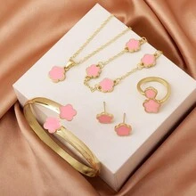 5 Pieces Of Popular Lucky Clover Fashion Lucky Stud Necklace Bracelet Ring Five-Piece Set With Five-Petal Flowers, Suitable For Parties And Festivals