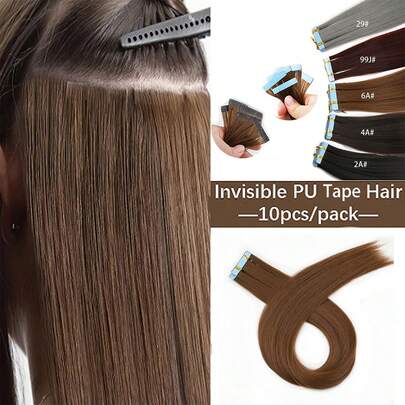 10pcs Tape-In Hair Extensions, 24 Inch Straight Hair Kanekalon Synthetic Hair Extensions, PU Seamless Skin Weft Tape Hair Extensions, For All Hair Types 10Pcs/Pack 35g