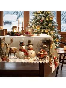 New American Christmas Tablecloth, Large Bell & Snowflake Print, Dust-Proof Holiday Party Tablecloth, Bell Tablecloth, Candle Tablecloth - Multicolor - View 1