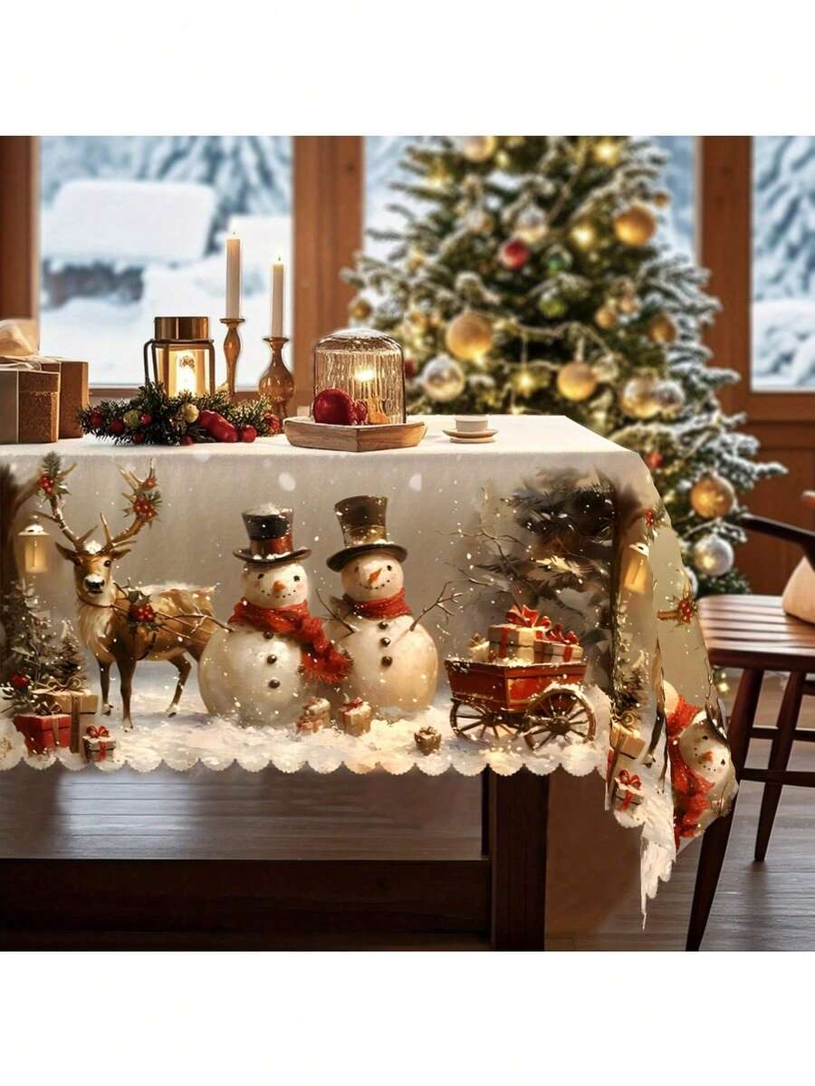 New American Christmas Tablecloth, Large Bell & Snowflake Print, Dust-Proof Holiday Party Tablecloth, Bell Tablecloth, Candle Tablecloth - Multicolor - View 1