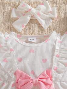 3pcs/Set Baby Girls' Cute Sweet Ruffle Shoulder, Peach Pink 3D Bow & Bow Socks & Headband Set, Autumn/Winter