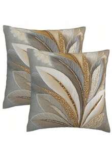 2pcs Decorative Feather Print Cushion Covers, 2D Printing, Square Single-Sided Print, Gold, Gray, White Feather Elements, 45x45cm Soft Polyester Fabric, Zipper Closure, Suitable For Holiday Parties, Sofa, Living Room, Office, Car, Home Decor (Cushion Covers Only - Insert Not Included)