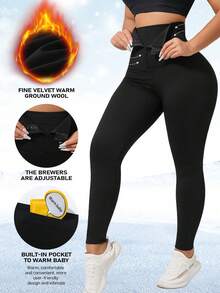 1pc High Waist Buttoned And Slimming Inner Wear With Fleece Thermal Lining - Black - View 2