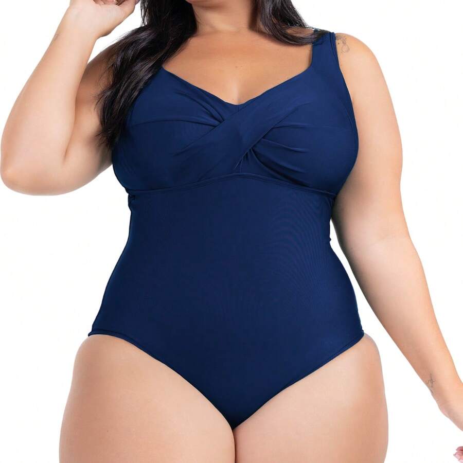 Plus Size Fitted Bodysuit, Waist Shaping, Plain, Casual - 藏蓝色 - 查看 1