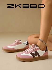 ZKBBO Women's Casual Sports Shoes, Retro Lace-Up Round Toe, Lightweight Comfortable Non-Slip Fitness Walking Sneakers - Pink - View 3