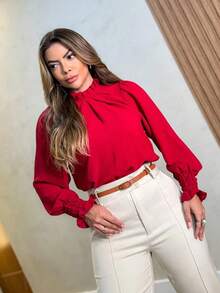 Women's Long Sleeve Puffed Dune Linen High Neck Shirt - 酒紅色 - 查看 3