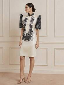 Amyenjoylife 现代菲律宾传统服饰连衣裙，优雅蝴蝶袖菲律宾传统服饰，女士优雅时尚印花长泡泡袖短袖衬衫式现代菲律宾传统服饰连衣裙，杏色连衣裙 - 杏色 - 查看 3